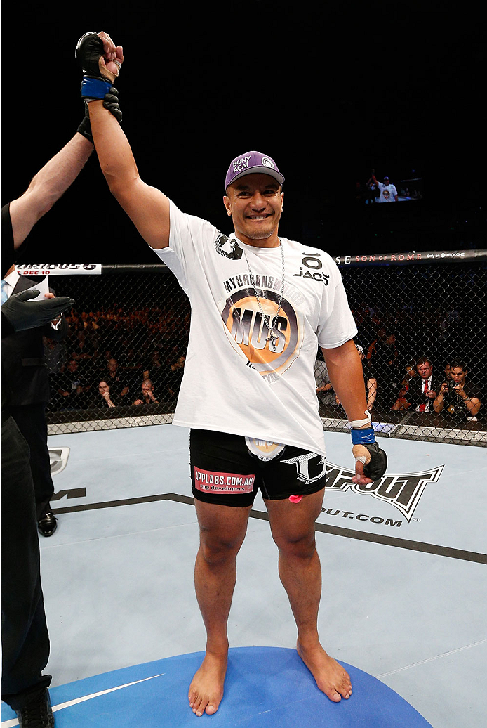 BRISBANE, AUSTRALIA - DECEMBER 07: Soa Palelei reacts after his TKO victory over Pat Barry in their heavyweight fight during the UFC Fight Night event at the Brisbane Entertainment Centre on December 7, 2013 in Brisbane, Australia. (Photo by Josh Hedges/