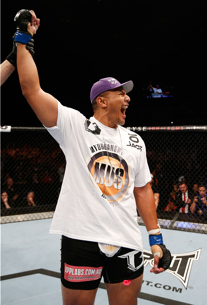 BRISBANE, AUSTRALIA - DECEMBER 07: Soa Palelei reacts after his TKO victory over Pat Barry in their heavyweight fight during the UFC Fight Night event at the Brisbane Entertainment Centre on December 7, 2013 in Brisbane, Australia. (Photo by Josh Hedges/
