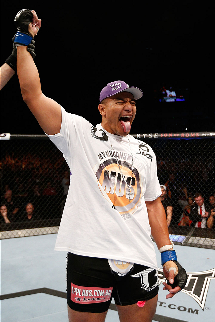 BRISBANE, AUSTRALIA - DECEMBER 07: Soa Palelei reacts after his TKO victory over Pat Barry in their heavyweight fight during the UFC Fight Night event at the Brisbane Entertainment Centre on December 7, 2013 in Brisbane, Australia. (Photo by Josh Hedges/