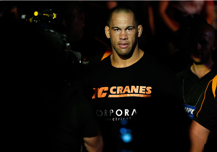 BRISBANE, AUSTRALIA - DECEMBER 07: James Te Huna enters the arena before his light heavyweight fight against Mauricio "Shogun" Rua during the UFC Fight Night event at the Brisbane Entertainment Centre on December 7, 2013 in Brisbane, Australia. (Photo by