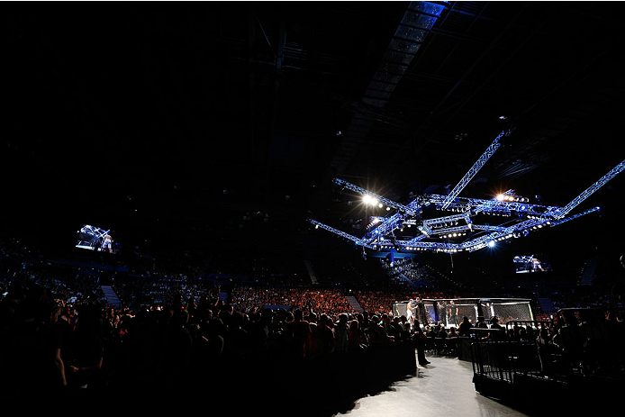 BRISBANE, AUSTRALIA - DECEMBER 07: A general view of the Octagon as James Te Huna enters before his light heavyweight fight against Mauricio "Shogun" Rua during the UFC Fight Night event at the Brisbane Entertainment Centre on December 7, 2013 in Brisban