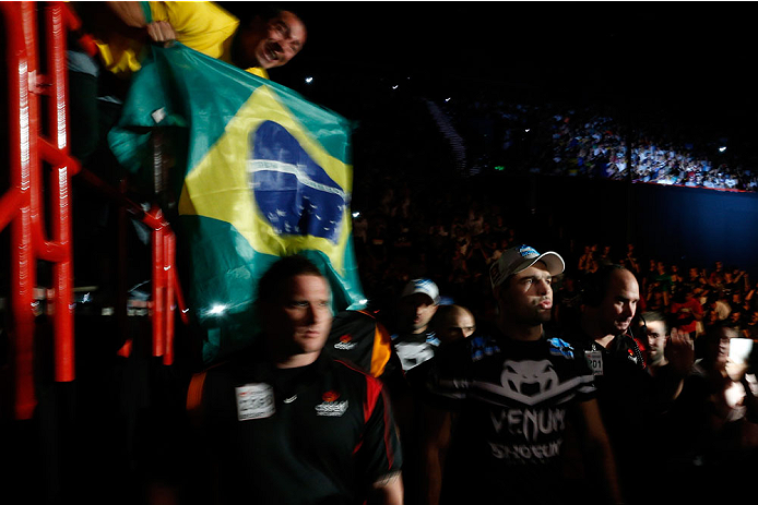 BRISBANE, AUSTRALIA - DECEMBER 07: Mauricio "Shogun" Rua enters the arena before his light heavyweight fight against James Te Huna during the UFC Fight Night event at the Brisbane Entertainment Centre on December 7, 2013 in Brisbane, Australia. (Photo by