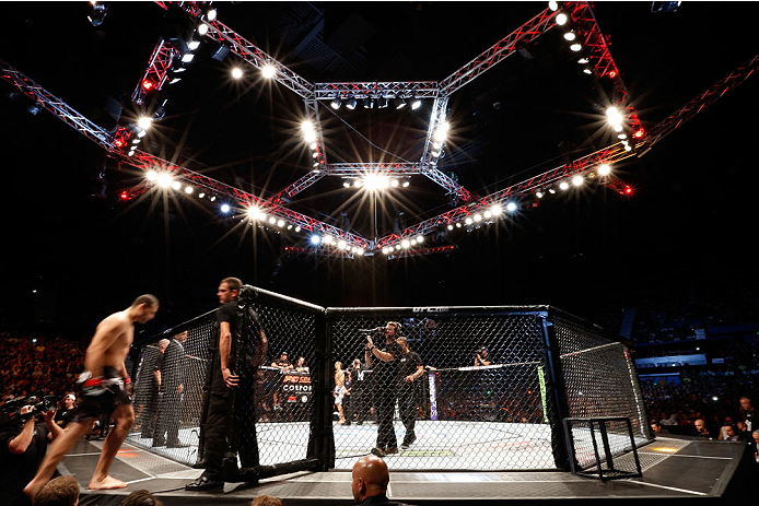 BRISBANE, AUSTRALIA - DECEMBER 07: A general view of the Octagon as Mauricio "Shogun" Rua enters before his light heavyweight fight against James Te Huna during the UFC Fight Night event at the Brisbane Entertainment Centre on December 7, 2013 in Brisban