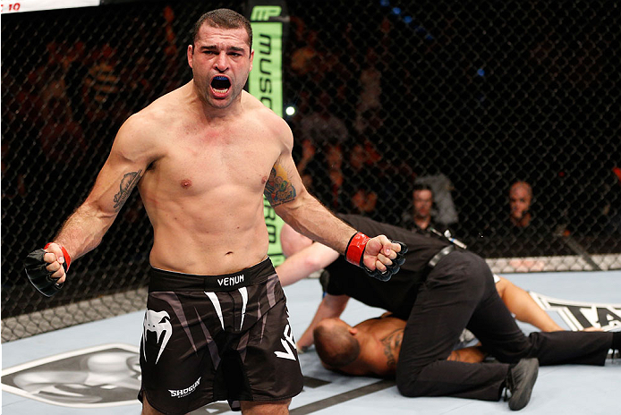 BRISBANE, AUSTRALIA - DECEMBER 07: Mauricio "Shogun" Rua reacts after knocking out James Te Huna in their light heavyweight fight during the UFC Fight Night event at the Brisbane Entertainment Centre on December 7, 2013 in Brisbane, Australia. (Photo by