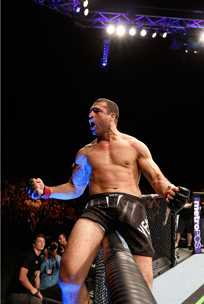 BRISBANE, AUSTRALIA - DECEMBER 07: Mauricio "Shogun" Rua reacts after knocking out James Te Huna in their light heavyweight fight during the UFC Fight Night event at the Brisbane Entertainment Centre on December 7, 2013 in Brisbane, Australia. (Photo by