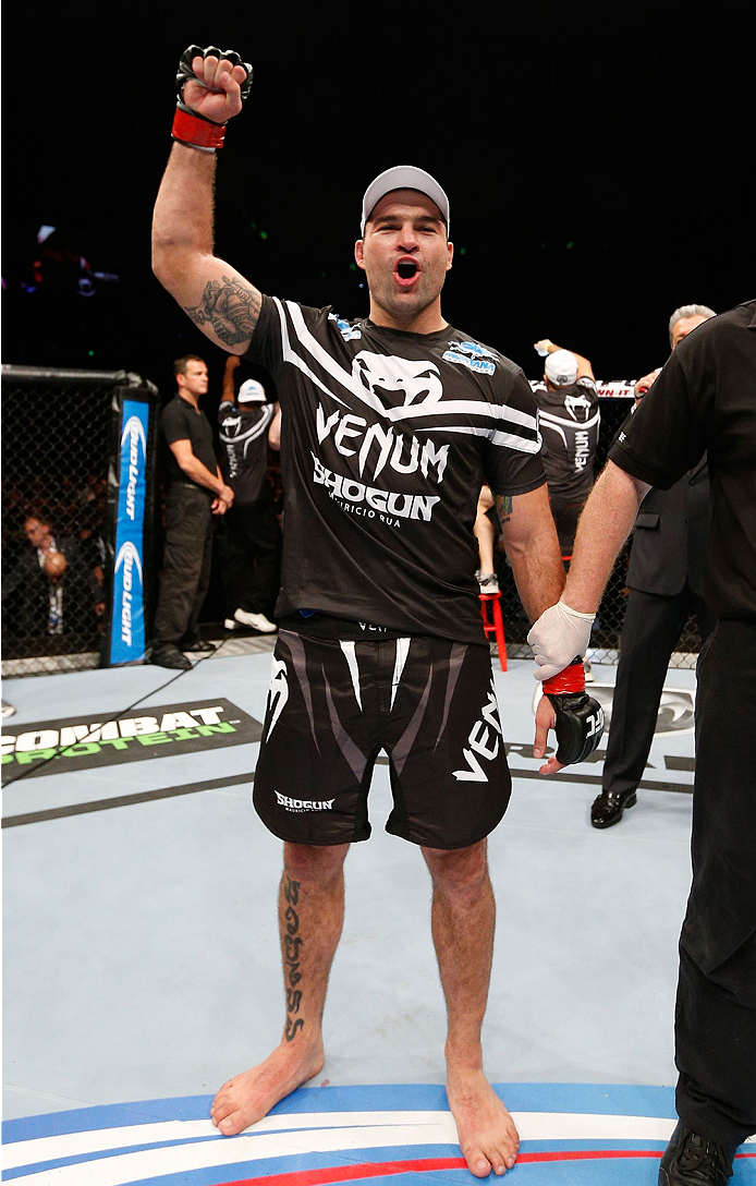 BRISBANE, AUSTRALIA - DECEMBER 07: Mauricio "Shogun" Rua reacts after knocking out James Te Huna in their light heavyweight fight during the UFC Fight Night event at the Brisbane Entertainment Centre on December 7, 2013 in Brisbane, Australia. (Photo by