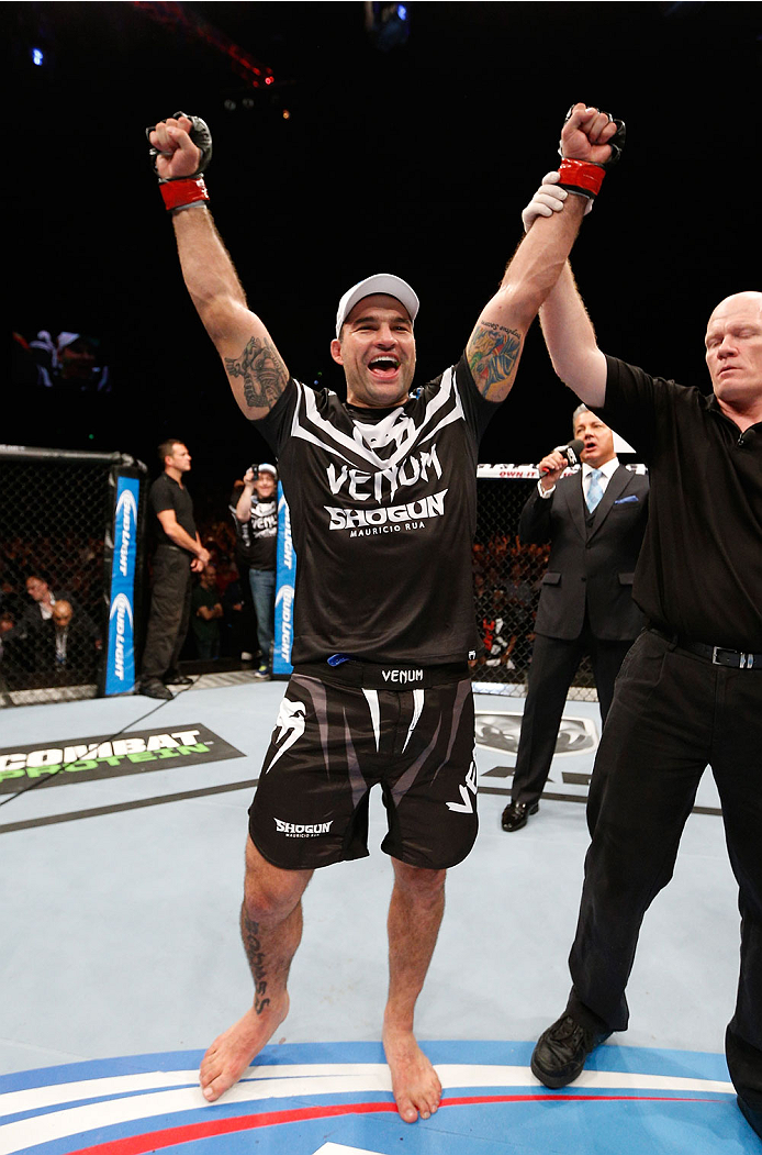 BRISBANE, AUSTRALIA - DECEMBER 07: Mauricio "Shogun" Rua reacts after knocking out James Te Huna in their light heavyweight fight during the UFC Fight Night event at the Brisbane Entertainment Centre on December 7, 2013 in Brisbane, Australia. (Photo by