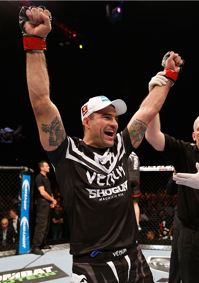 BRISBANE, AUSTRALIA - DECEMBER 07: Mauricio "Shogun" Rua reacts after knocking out James Te Huna in their light heavyweight fight during the UFC Fight Night event at the Brisbane Entertainment Centre on December 7, 2013 in Brisbane, Australia. (Photo by