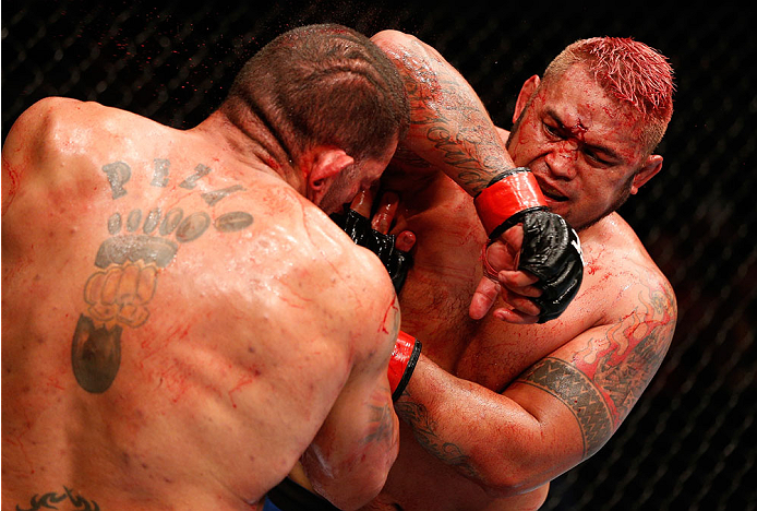 BRISBANE, AUSTRALIA - DECEMBER 07: (R-L) Mark Hunt elbows Antonio "Bigfoot" Silva in their heavyweight fight during the UFC Fight Night event at the Brisbane Entertainment Centre on December 7, 2013 in Brisbane, Australia. (Photo by Josh Hedges/Zuffa LLC