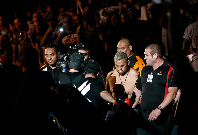 BRISBANE, AUSTRALIA - DECEMBER 07: Mark Hunt enters the arena before his heavyweight fight against Antonio "Bigfoot" Silva during the UFC Fight Night event at the Brisbane Entertainment Centre on December 7, 2013 in Brisbane, Australia. (Photo by Josh He