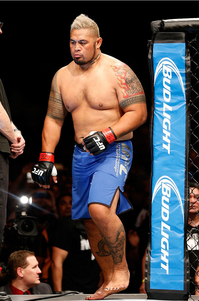 BRISBANE, AUSTRALIA - DECEMBER 07: Mark Hunt enters the Octagon before his heavyweight fight against Antonio "Bigfoot" Silva during the UFC Fight Night event at the Brisbane Entertainment Centre on December 7, 2013 in Brisbane, Australia. (Photo by Josh