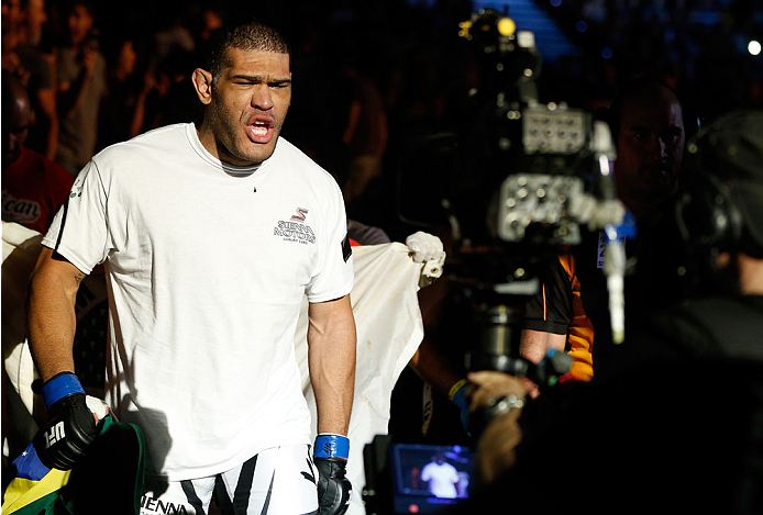 BRISBANE, AUSTRALIA - DECEMBER 07: Antonio "Bigfoot" Silva enters the arena before his heavyweight fight against Mark Hunt during the UFC Fight Night event at the Brisbane Entertainment Centre on December 7, 2013 in Brisbane, Australia. (Photo by Josh He