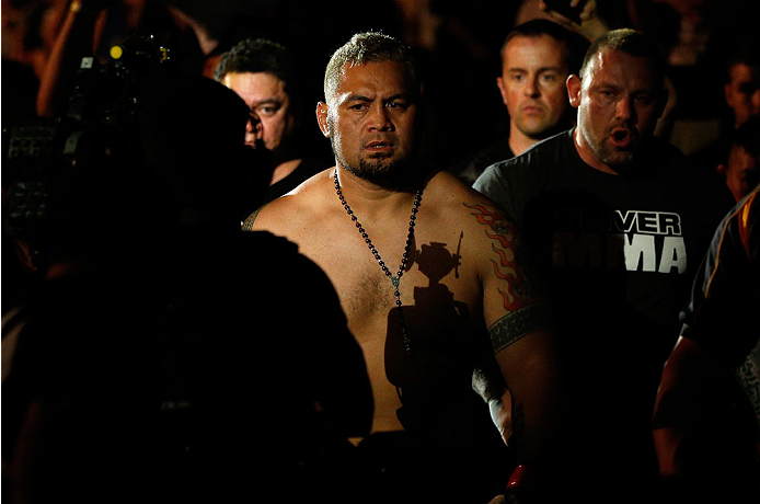BRISBANE, AUSTRALIA - DECEMBER 07: Mark Hunt enters the arena before his heavyweight fight against Antonio "Bigfoot" Silva during the UFC Fight Night event at the Brisbane Entertainment Centre on December 7, 2013 in Brisbane, Australia. (Photo by Josh He
