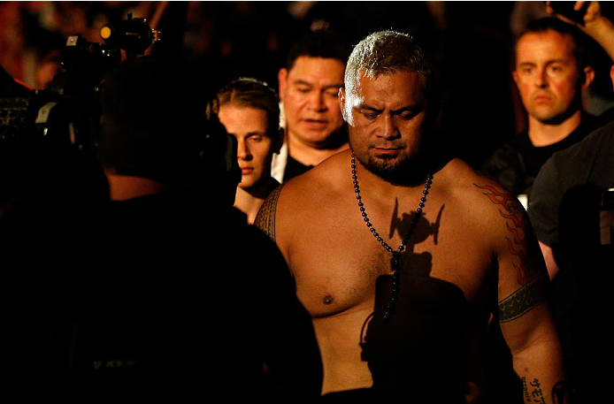 BRISBANE, AUSTRALIA - DECEMBER 07: Mark Hunt enters the arena before his heavyweight fight against Antonio "Bigfoot" Silva during the UFC Fight Night event at the Brisbane Entertainment Centre on December 7, 2013 in Brisbane, Australia. (Photo by Josh He