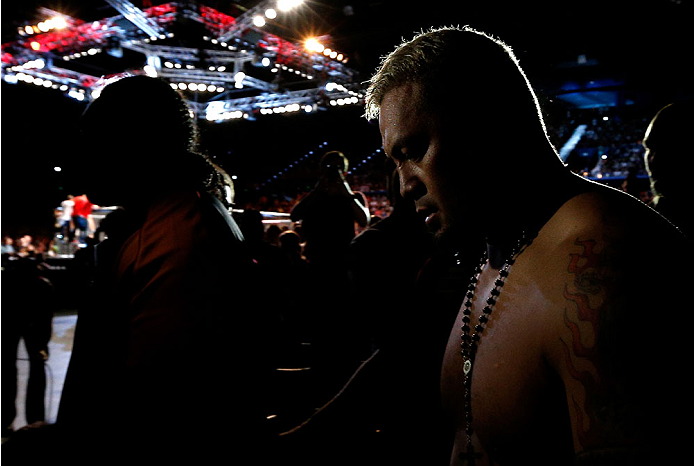 BRISBANE, AUSTRALIA - DECEMBER 07: Mark Hunt enters the arena before his heavyweight fight against Antonio "Bigfoot" Silva during the UFC Fight Night event at the Brisbane Entertainment Centre on December 7, 2013 in Brisbane, Australia. (Photo by Josh He