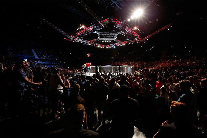 BRISBANE, AUSTRALIA - DECEMBER 07: Mark Hunt enters the arena before his heavyweight fight against Antonio "Bigfoot" Silva during the UFC Fight Night event at the Brisbane Entertainment Centre on December 7, 2013 in Brisbane, Australia. (Photo by Josh He