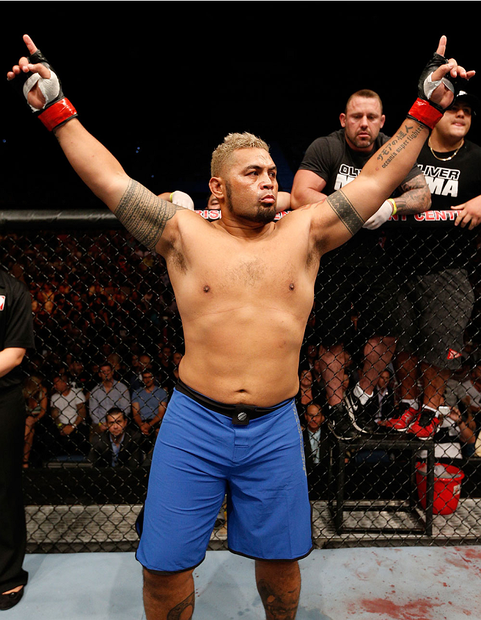 BRISBANE, AUSTRALIA - DECEMBER 07: Mark Hunt is introduced before his heavyweight fight against Antonio "Bigfoot" Silva during the UFC Fight Night event at the Brisbane Entertainment Centre on December 7, 2013 in Brisbane, Australia. (Photo by Josh Hedge