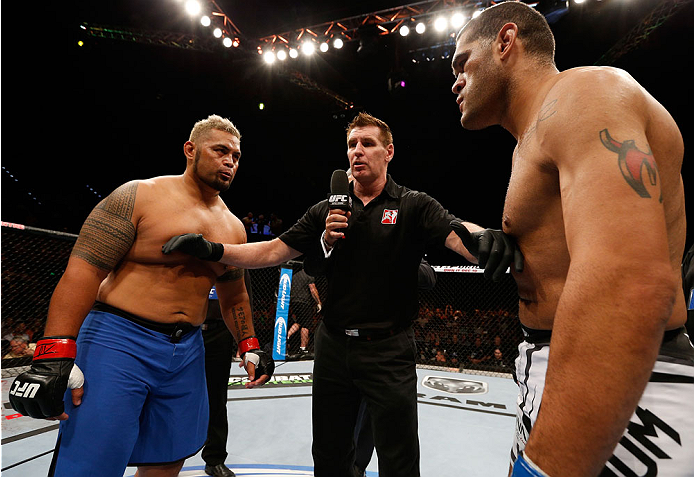BRISBANE, AUSTRALIA - DECEMBER 07: (L-R) Opponents Mark Hunt and Antonio "Bigfoot" Silva face off before their heavyweight fight during the UFC Fight Night event at the Brisbane Entertainment Centre on December 7, 2013 in Brisbane, Australia. (Photo by J