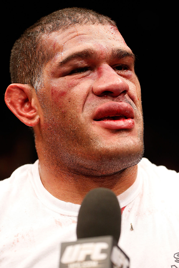 BRISBANE, AUSTRALIA - DECEMBER 07: Antonio "Bigfoot" Silva is interviewed after his five-round battle against Mark Hunt during the UFC Fight Night event at the Brisbane Entertainment Centre on December 7, 2013 in Brisbane, Australia. (Photo by Josh Hedge