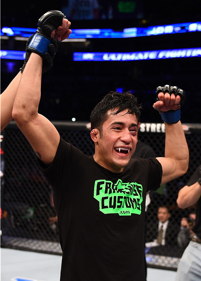 BOSTON, MA - JANUARY 18: Joby Sanchez reacts after defeating Tateki Matsuda in their flyweight fight during the UFC Fight Night event at the TD Garden on January 18, 2015 in Boston, Massachusetts. (Photo by Jeff Bottari/Zuffa LLC/Zuffa LLC via Getty Imag