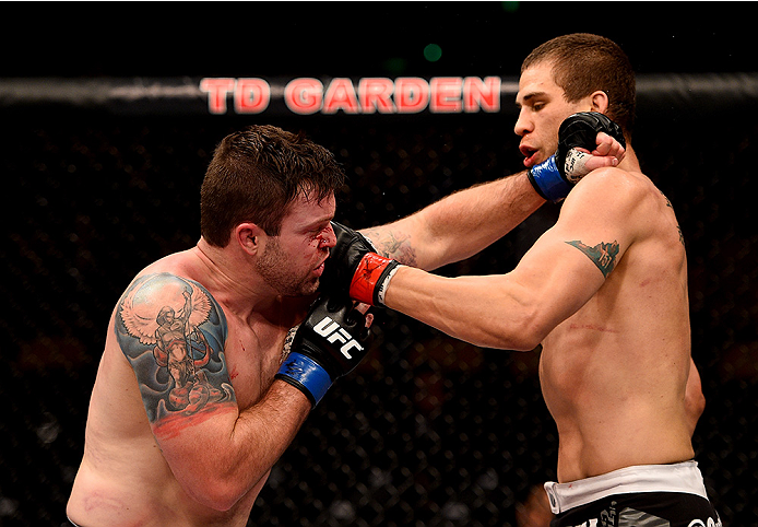 BOSTON, MA - JANUARY 18:  (L-R) Sean O'Connell punches Matt Van Buren in their light heavyweight fight during the UFC Fight Night event at the TD Garden on January 18, 2015 in Boston, Massachusetts. (Photo by Jeff Bottari/Zuffa LLC/Zuffa LLC via Getty Ima