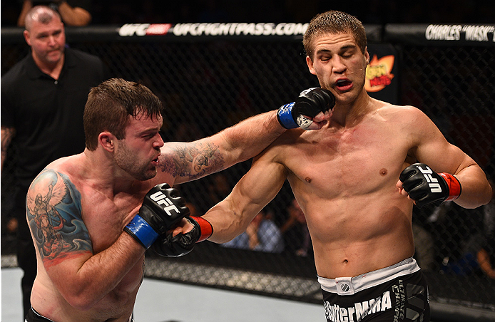 BOSTON, MA - JANUARY 18: (L-R) Sean O'Connell punches Matt Van Buren in their light heavyweight fight during the UFC Fight Night event at the TD Garden on January 18, 2015 in Boston, Massachusetts. (Photo by Jeff Bottari/Zuffa LLC/Zuffa LLC via Getty Ima