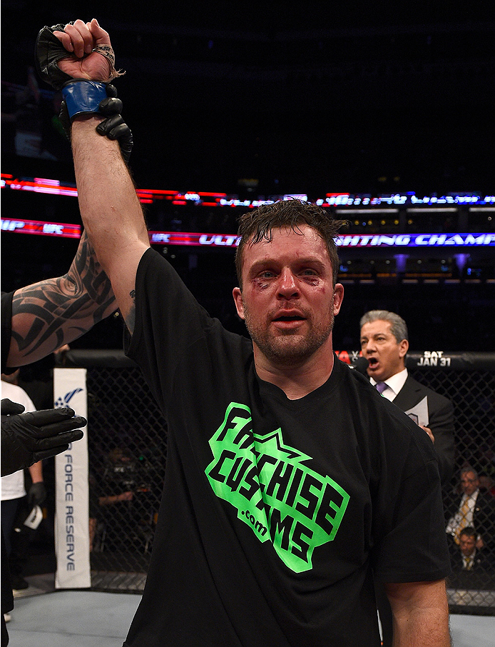 BOSTON, MA - JANUARY 18:  Sean O'Connell reacts after defeating Matt Van Buren in their light heavyweight fight during the UFC Fight Night event at the TD Garden on January 18, 2015 in Boston, Massachusetts. (Photo by Jeff Bottari/Zuffa LLC/Zuffa LLC via 