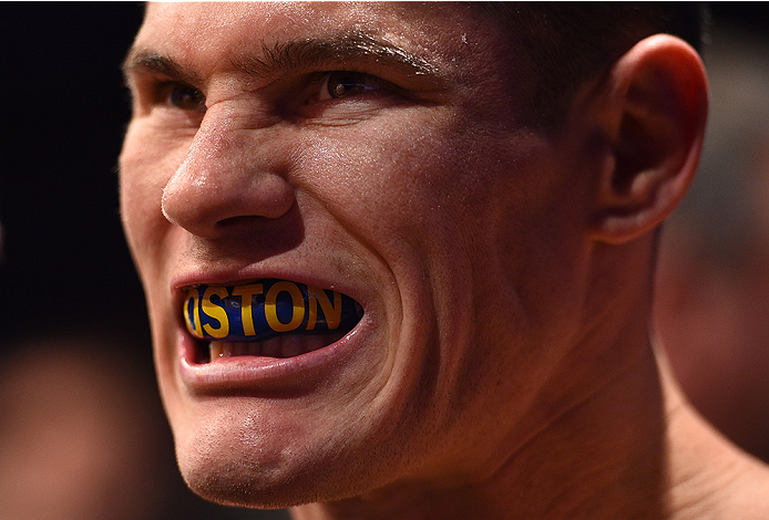 BOSTON, MA - JANUARY 18:  Charles Rosa reacts before a featherweight fight against Sean Soriano during the UFC Fight Night event at the TD Garden on January 18, 2015 in Boston, Massachusetts. (Photo by Jeff Bottari/Zuffa LLC/Zuffa LLC via Getty Images)