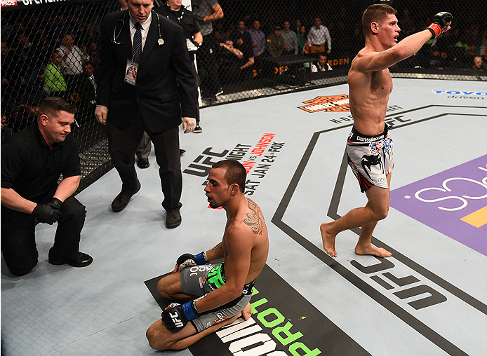 BOSTON, MA - JANUARY 18: (R-L) Charles Rosa reacts after defeating Sean Soriano during a featherweight fight during the UFC Fight Night event at the TD Garden on January 18, 2015 in Boston, Massachusetts. (Photo by Jeff Bottari/Zuffa LLC/Zuffa LLC via Ge