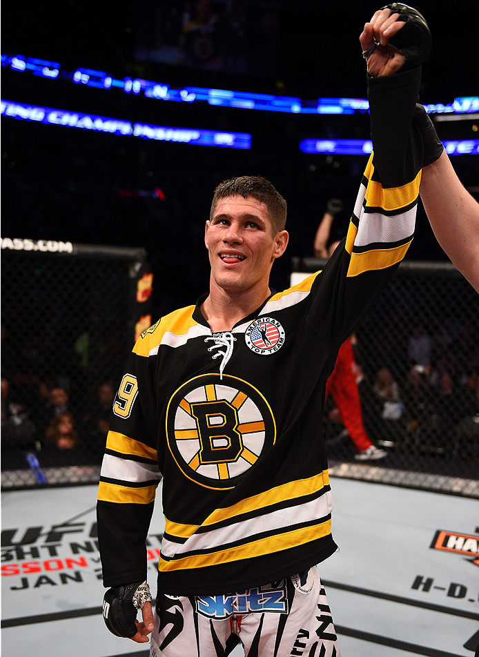 BOSTON, MA - JANUARY 18:  Charles Rosa reacts after defeating Sean Soriano during a featherweight fight during the UFC Fight Night event at the TD Garden on January 18, 2015 in Boston, Massachusetts. (Photo by Jeff Bottari/Zuffa LLC/Zuffa LLC via Getty Im