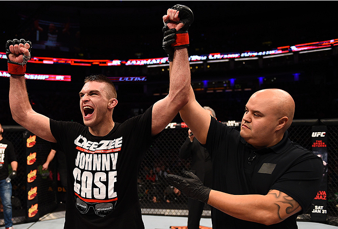 BOSTON, MA - JANUARY 18:  Johnny Case reacts after winning a lightweight fight against Frankie Perez during the UFC Fight Night event at the TD Garden on January 18, 2015 in Boston, Massachusetts. (Photo by Jeff Bottari/Zuffa LLC/Zuffa LLC via Getty Image