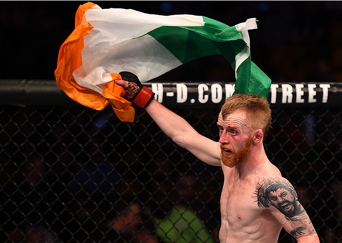 BOSTON, MA - JANUARY 18:  Paddy Holohan reacts after defeating Shane Howell in their flyweight fight during the UFC Fight Night event at the TD Garden on January 18, 2015 in Boston, Massachusetts. (Photo by Jeff Bottari/Zuffa LLC/Zuffa LLC via Getty Image