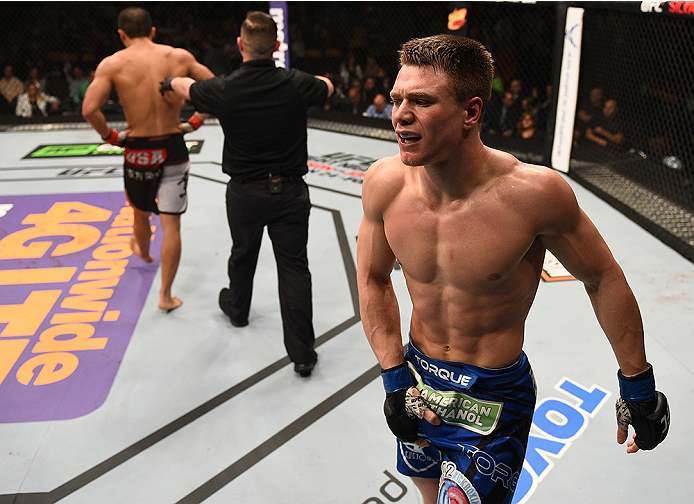 BOSTON, MA - JANUARY 18:  Chris Wade reacts during a lightweight fight against Zhang Lipeng during the UFC Fight Night event at the TD Garden on January 18, 2015 in Boston, Massachusetts. (Photo by Jeff Bottari/Zuffa LLC/Zuffa LLC via Getty Images)