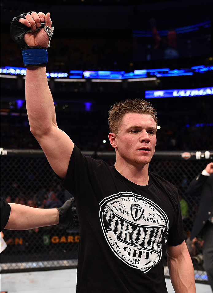 BOSTON, MA - JANUARY 18:  Chris Wade reacts after winning a lightweight fight against Zhang Lipeng during the UFC Fight Night event at the TD Garden on January 18, 2015 in Boston, Massachusetts. (Photo by Jeff Bottari/Zuffa LLC/Zuffa LLC via Getty Images)