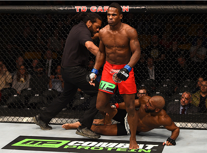 BOSTON, MA - JANUARY 18:  Lorenz Larkin reacts after defeating John Howard in their welterweight fight during the UFC Fight Night event at the TD Garden on January 18, 2015 in Boston, Massachusetts. (Photo by Jeff Bottari/Zuffa LLC/Zuffa LLC via Getty Ima