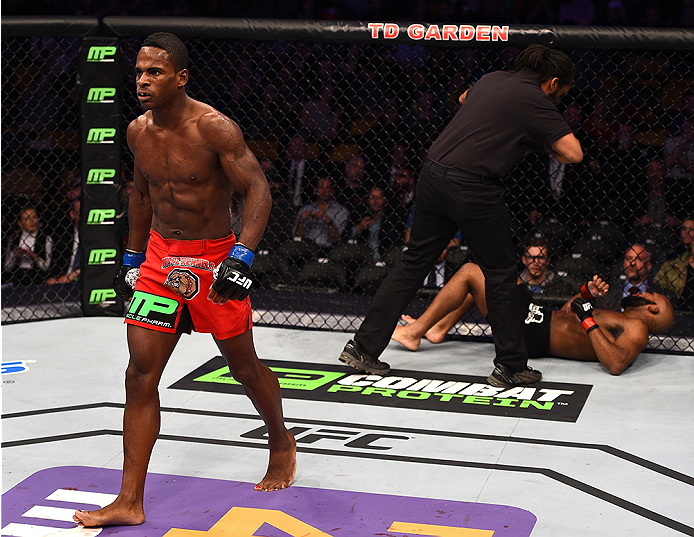 BOSTON, MA - JANUARY 18:  Lorenz Larkin reacts after defeating John Howard in their welterweight fight during the UFC Fight Night event at the TD Garden on January 18, 2015 in Boston, Massachusetts. (Photo by Jeff Bottari/Zuffa LLC/Zuffa LLC via Getty Ima