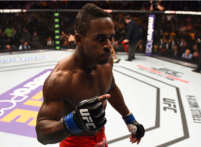 BOSTON, MA - JANUARY 18:  Lorenz Larkin reacts after defeating John Howard in their welterweight fight during the UFC Fight Night event at the TD Garden on January 18, 2015 in Boston, Massachusetts. (Photo by Jeff Bottari/Zuffa LLC/Zuffa LLC via Getty Ima