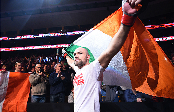 BOSTON, MA - JANUARY 18: Cathal Pendred enters the arena before a welterweight fight against Sean Spencer during the UFC Fight Night event at the TD Garden on January 18, 2015 in Boston, Massachusetts. (Photo by Jeff Bottari/Zuffa LLC/Zuffa LLC via Getty