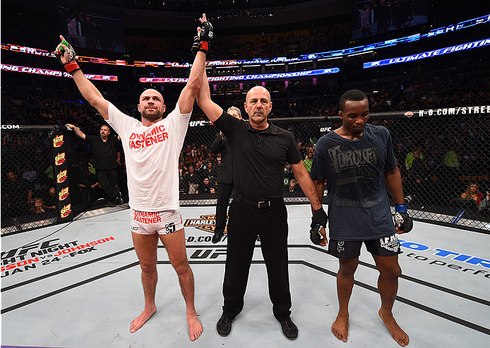 BOSTON, MA - JANUARY 18: Cathal Pendred reacts after defeating Sean Spencer in their welterweight fight during the UFC Fight Night event at the TD Garden on January 18, 2015 in Boston, Massachusetts. (Photo by Jeff Bottari/Zuffa LLC/Zuffa LLC via Getty Im