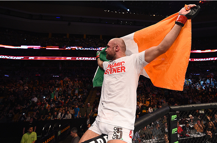 BOSTON, MA - JANUARY 18: Cathal Pendred reacts after defeating Sean Spencer in their welterweight fight during the UFC Fight Night event at the TD Garden on January 18, 2015 in Boston, Massachusetts. (Photo by Jeff Bottari/Zuffa LLC/Zuffa LLC via Getty Im