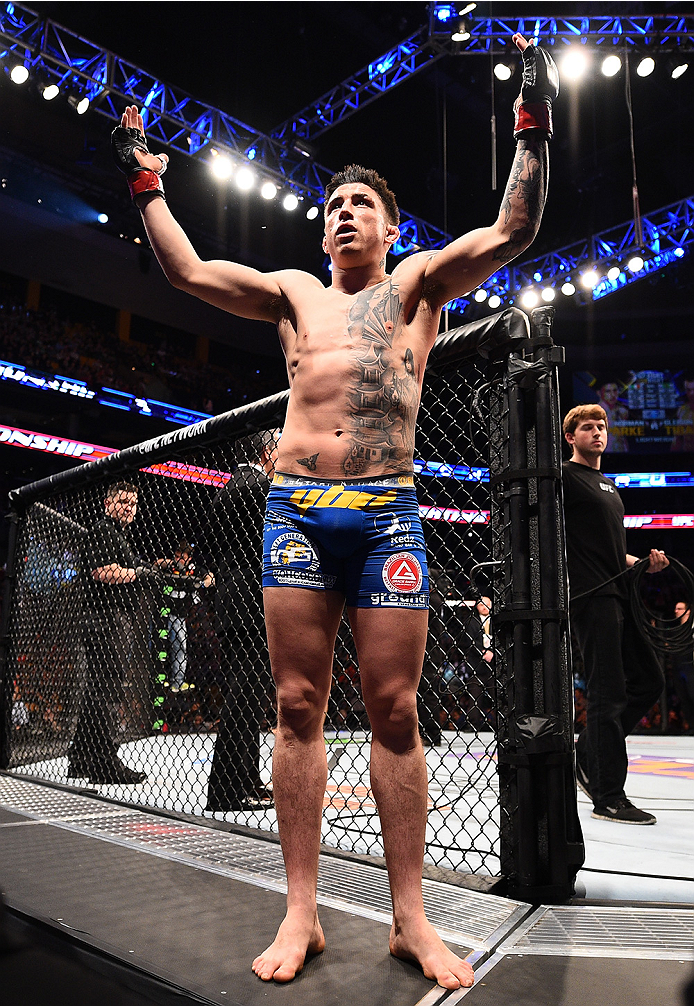 BOSTON, MA - JANUARY 18: Norman Parke reacts as he enters the Octagon before a lightweight fight against Gleison Tibau during the UFC Fight Night event at the TD Garden on January 18, 2015 in Boston, Massachusetts. (Photo by Jeff Bottari/Zuffa LLC/Zuffa L