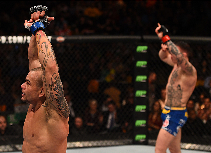 BOSTON, MA - JANUARY 18: (L-R) Gleison Tibau and Norman Parke react following a lightweight fight during the UFC Fight Night event at the TD Garden on January 18, 2015 in Boston, Massachusetts. (Photo by Jeff Bottari/Zuffa LLC/Zuffa LLC via Getty Images)