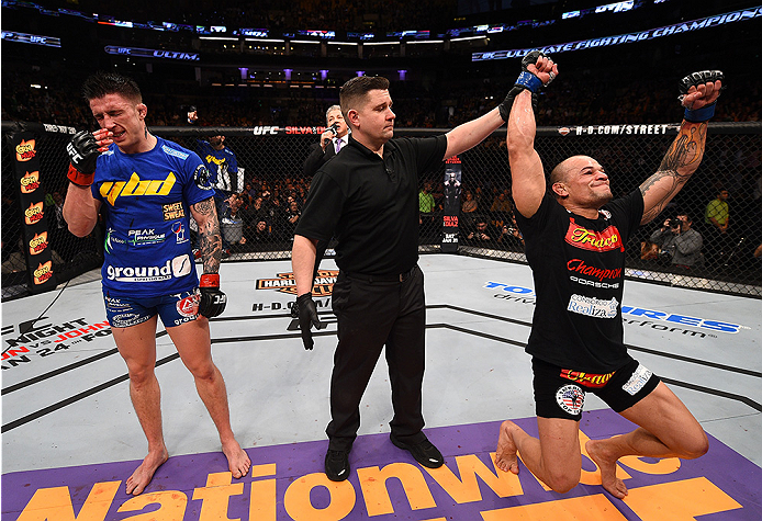 BOSTON, MA - JANUARY 18: (L-R) Gleison Tibau and Norman Parke react after Tibau defeated Parke in their lightweight fight during the UFC Fight Night event at the TD Garden on January 18, 2015 in Boston, Massachusetts. (Photo by Jeff Bottari/Zuffa LLC/Zuff