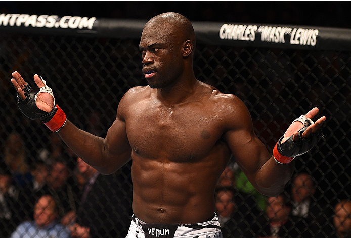 BOSTON, MA - JANUARY 18:  Uriah Hall reacts after defeating Ron Stallings in their middleweight fight during the UFC Fight Night event at the TD Garden on January 18, 2015 in Boston, Massachusetts. (Photo by Jeff Bottari/Zuffa LLC/Zuffa LLC via Getty Imag