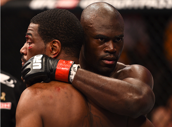 BOSTON, MA - JANUARY 18: Uriah Hall and Ron Stallings embrace following their middleweight fight during the UFC Fight Night event at the TD Garden on January 18, 2015 in Boston, Massachusetts. (Photo by Jeff Bottari/Zuffa LLC/Zuffa LLC via Getty Images)
