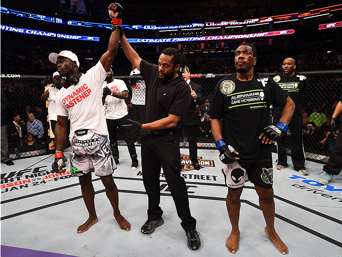 BOSTON, MA - JANUARY 18: Uriah Hall reacts after defeating Ron Stallings in their middleweight fight during the UFC Fight Night event at the TD Garden on January 18, 2015 in Boston, Massachusetts. (Photo by Jeff Bottari/Zuffa LLC/Zuffa LLC via Getty Imag