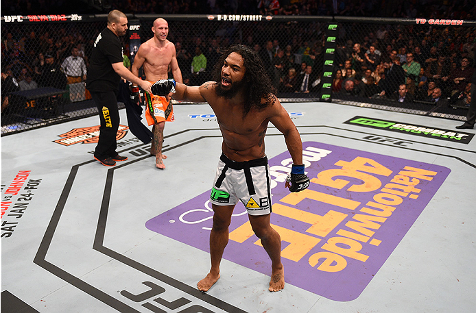 BOSTON, MA - JANUARY 18:  Benson Henderson reacts following a lightweight fight against Donald Cerrone during the UFC Fight Night event at the TD Garden on January 18, 2015 in Boston, Massachusetts. (Photo by Jeff Bottari/Zuffa LLC/Zuffa LLC via Getty Ima