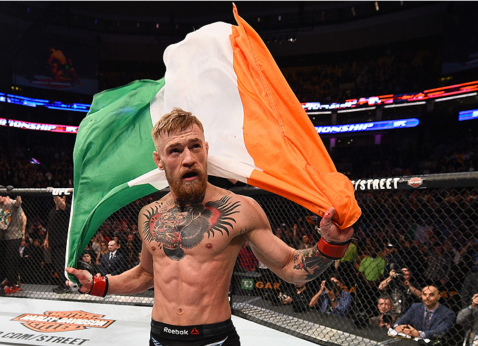 BOSTON, MA - JANUARY 18:  Conor McGregor of Ireland reacts after defeating Dennis Siver of Germany in their featherweight fight during the UFC Fight Night event at the TD Garden on January 18, 2015 in Boston, Massachusetts. (Photo by Jeff Bottari/Zuffa LL