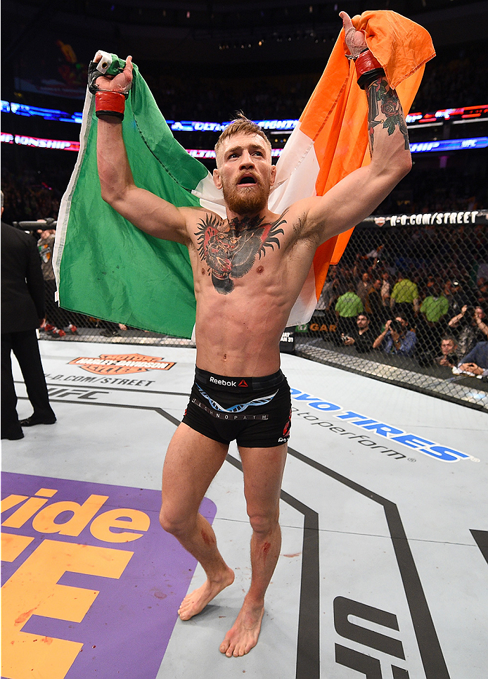 BOSTON, MA - JANUARY 18:  Conor McGregor of Ireland reacts after defeating Dennis Siver of Germany in their featherweight fight during the UFC Fight Night event at the TD Garden on January 18, 2015 in Boston, Massachusetts. (Photo by Jeff Bottari/Zuffa LL