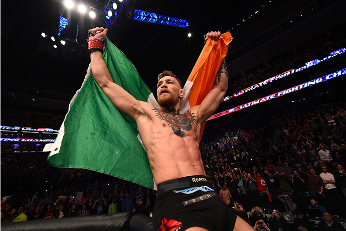 BOSTON, MA - JANUARY 18: Conor McGregor of Ireland reacts after defeating Dennis Siver of Germany in their featherweight fight during the UFC Fight Night event at the TD Garden on January 18, 2015 in Boston, Massachusetts. (Photo by Jeff Bottari/Zuffa LL
